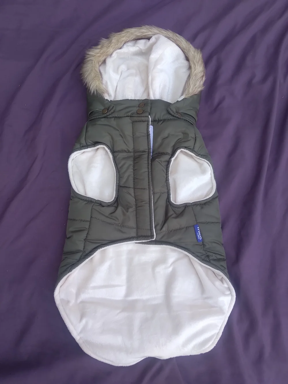 Olive Green Dog Puffer Coat with Faux Fur Hood